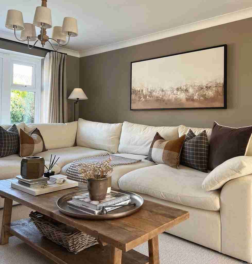 beige hoekbank met bruine kussens